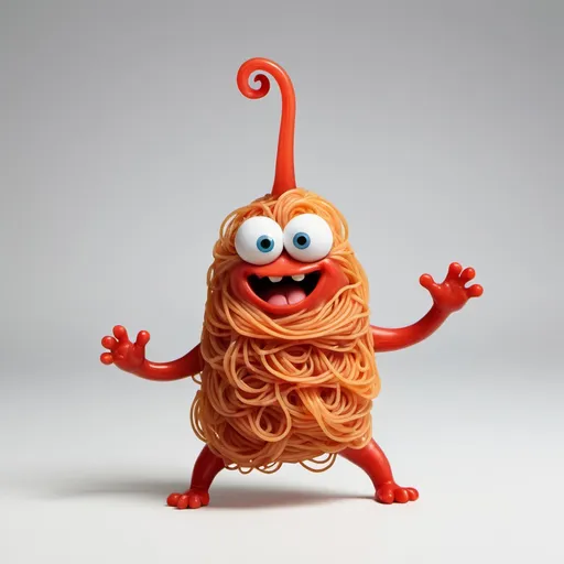 Prompt: snork that’s hairy,plump,2 leg, round head, no tail,red pigment,small slanted eyes,rectangular mouth, point standing up ears, and long spaghetti like arms