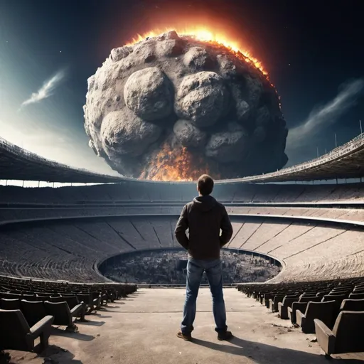 Prompt: A man makes of photo of the end of the world by asteroid while standing on the top of the stadium