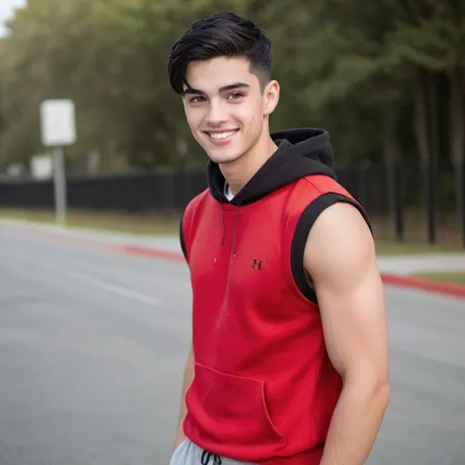 Prompt: A smiling 22 years old man, 5’8” tall, with hunk body complexion, a sharp-square face, with olive-colored eyes, framed by straight black eyebrows that arch slightly at the ends, straight black hair, short on the sides and styled in a fringe lying to the side of his head on the top, wearing a red sleeveless hoodie, grey jogging shorts, white mid-calf socks and red sport sneakers