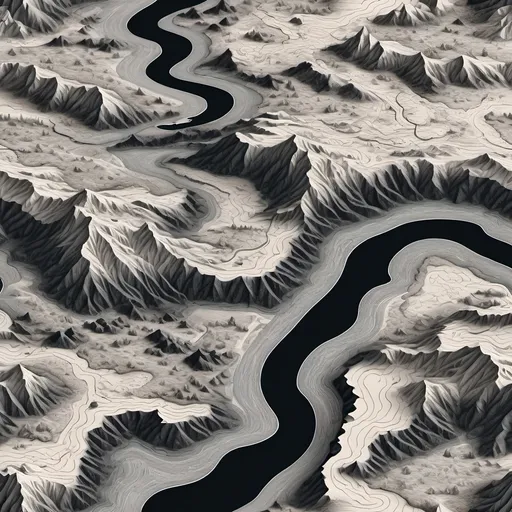 Prompt: (black and white), (high detail topographical map), intricate contours, sharp lines, expansive terrain features, extensive cartographic details, large scale, contrasts between elevation and depression tones, artistic rendering, dramatic shading, meticulous geographical representation, rendered in ultra-detailed format, crisp clarity, comprehensive layout for exploration purposes. vast. expansive.