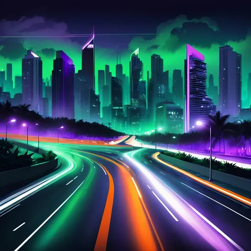 Prompt: (vibrant cover art for 'Resuelva'), nighttime Miami city skyline, emphasis on empty highway, (green, black, white, purple, orange) color palette, minimalist design, realistic details, (dark atmosphere), urban landscape, soft lighting contrasts, neon elements, high definition, captivating composition, sleek, modern aesthetic, dramatic shadows, artistic portrayal of city life without people or cars. Try to be realistic.