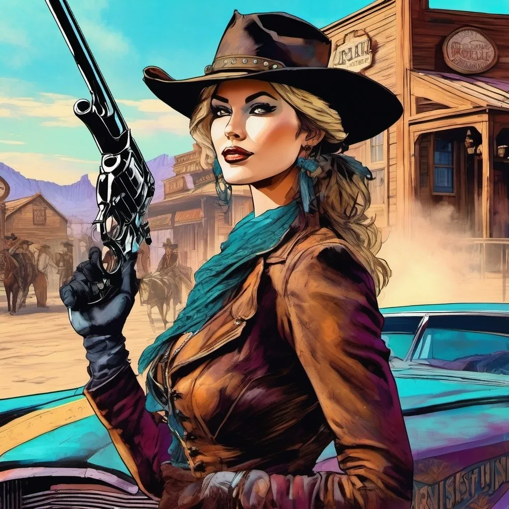 Prompt: A beautiful woman named Calamity Jane, who is a bounty hunter/Marshall in the old west, with a wenchester firearm, in the background of a saloon, fantasy textured painterly airbrushed watercolor and a little gothic, Cinematic film still, shot on v-raptor XL, film grain, vignette, color graded, post-processed, cinematic lighting, 35mm film, live-action, best quality, atmospheric, a masterpiece, epic, stunning, dramatic intricate details, HDR, beautifully shot, hyperrealistic, sharp focus, 64 megapixels, perfect composition, high contrast, cinematic, atmospheric, moody