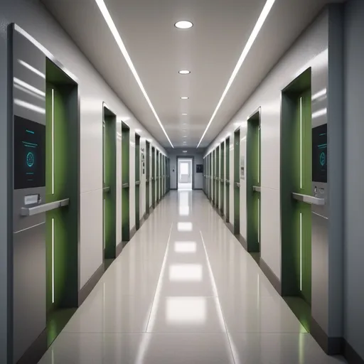 Prompt: A dorm room hallway at an Ivy League university in 2034 with embedded tablets in each room door
