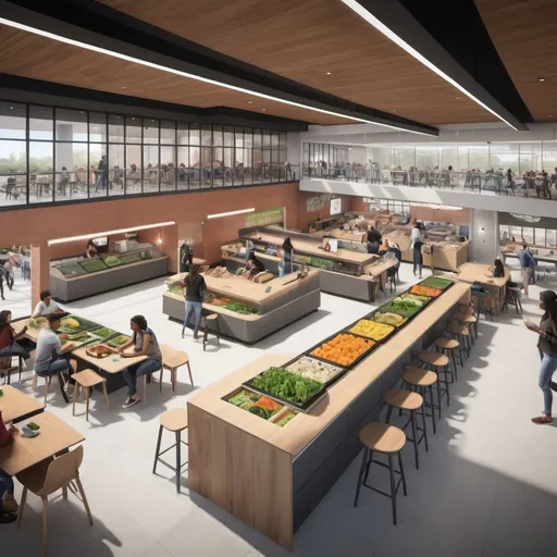 Prompt: A student union at an elite east coast university in the future with fresh food options, student technology hubs and nap pods
