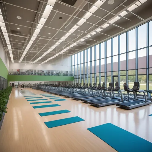 Prompt: A college recreation center at an Ivy League university in 2034 with lively group fitness classes and modern lockerooms
