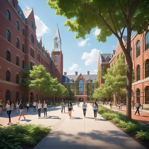Prompt: An Ivy League campus in 2034 with no cars or bike, all pedestrian lanes and happy students peacefully going to class