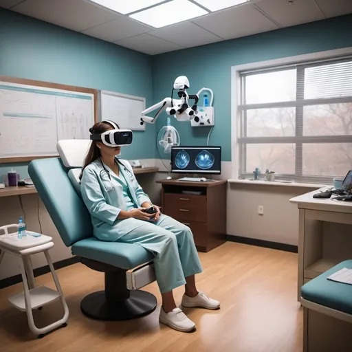 Prompt: A  doctor's office at an elite east coast university in the future with a doctor using virtual reality tools to diagnose her student patient

