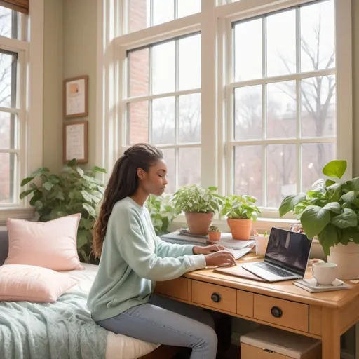 Prompt: Peaceful morning on an Ivy League campus, (serene dorm room of Grace), social media influencer style, bright and airy atmosphere, warm natural sunlight filtering through large windows, soft pastel colors, cozy furnishings, stylish décor adorned with plants, organized workspace with laptops and journals, inviting ambiance with tranquil vibes, ultra-detailed, high-definition quality. Grace is on a telehealth visit with her therapist.