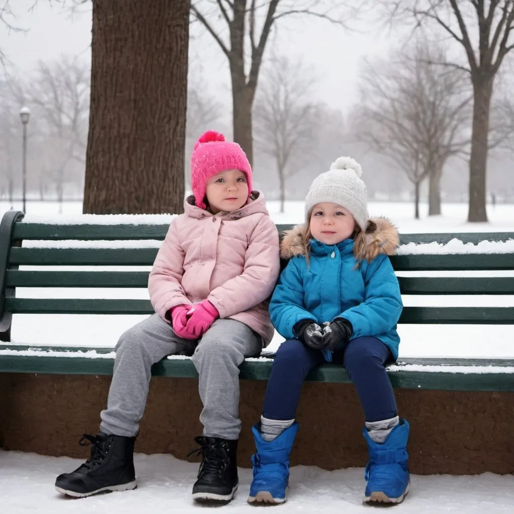 Prompt: Brother and sister sitting at the park it’s snowing and cold
