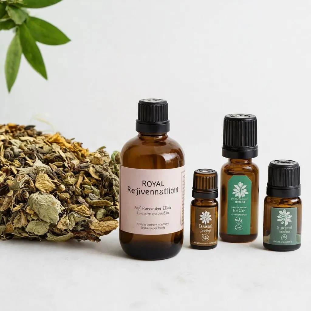 Prompt: a bottle of Royal Rejuvenation Elixir sitting next to a series of essential oils and jars of dried herbs, holistic healing movement, product photography, perfect lighting, perfect visual design 