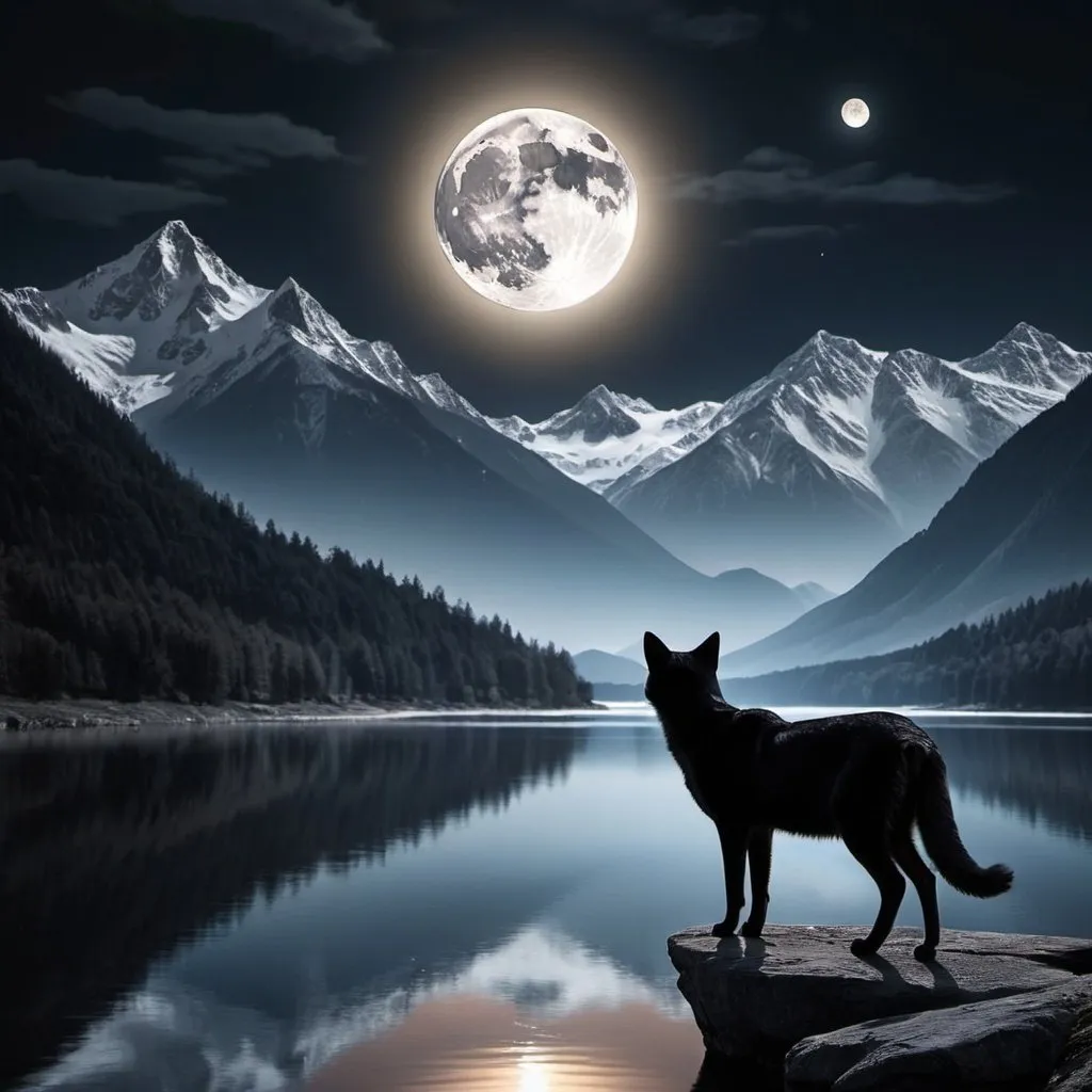 Prompt: Black.cat full moon mountain with 2 tops river lake in distance moon image bouncing on lake a deer in lake a wolf close by cat wolf is dark invisible ok create dark image but a lot of highlights??? Me