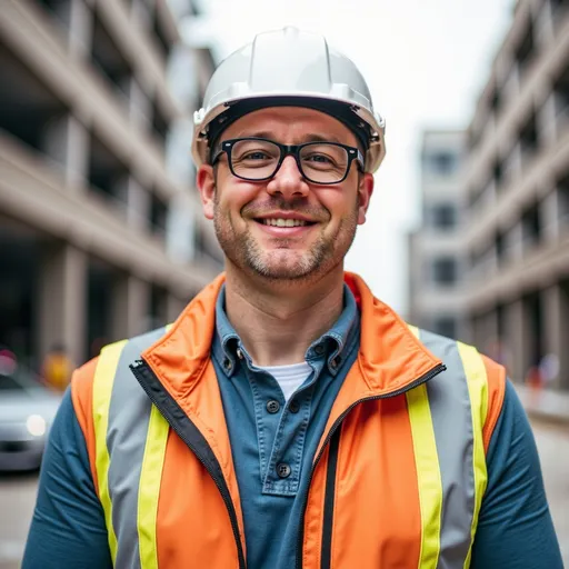 Prompt: A dynamic illustration of @f99ExZpINMQHx6h79BOi, a superhero contractor, confidently standing in bustling construction site. He is dressed in full safety PPE, high viz vest, gloves, safety glasses and white hardhat. His high viz vest should blend into a cape hanging from his shoulders. His expression is determined and focused, excited for the future, embodying the essence of a hero ready to take on challenges.  The haze of a construction site is in the background.  The camera angle is slightly low, emphasizing his stature and the energy of the moment, while dynamic lines suggest movement and urgency in the air, highlighting his superhero capabilities.