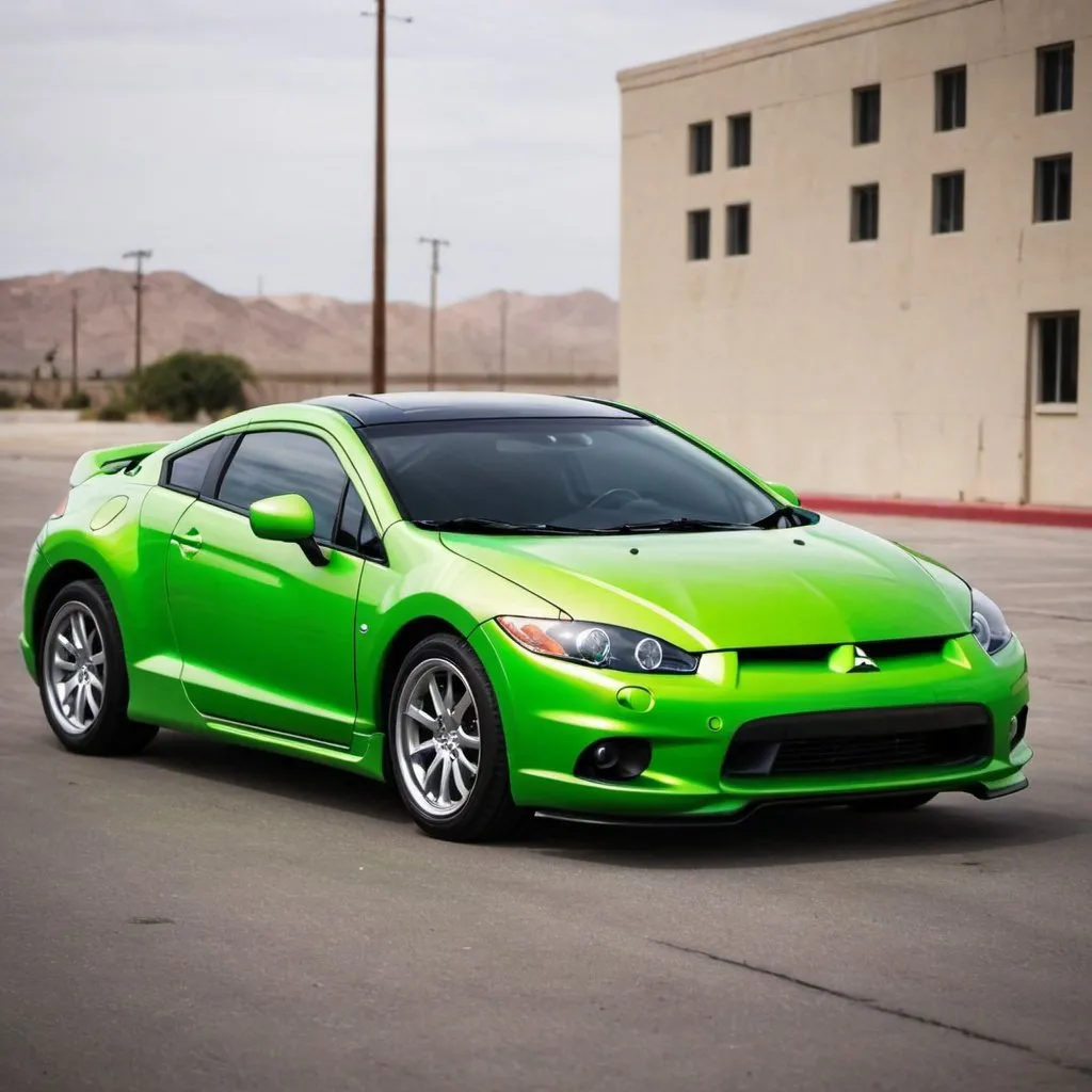 Prompt: I need a photo of Mitsubishi Eclipse, green color, styled like in Fast and Furious movie 
But it needs to be adjusted for military needs 
Draw some gun on the roof