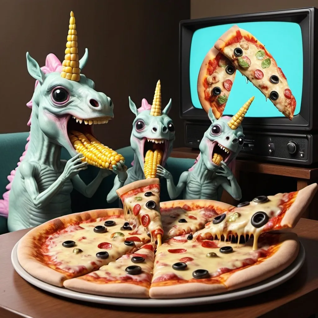 Prompt: Pizza aliens eating unicorns that are eating the corn kid who is watching TV