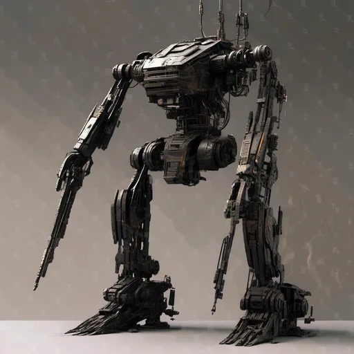 Prompt: <mymodel>(futuristic-sci-fi combat robot), (enhanced stealth mode), dark and moody color scheme, metallic textures, glowing accents, intricate detailing, shadowy background with industrial elements, dynamic pose suggesting movement, atmospheric lighting with dramatic contrasts, ultra-detailed, HD quality, evokes a sense of advanced technology and intrigue.