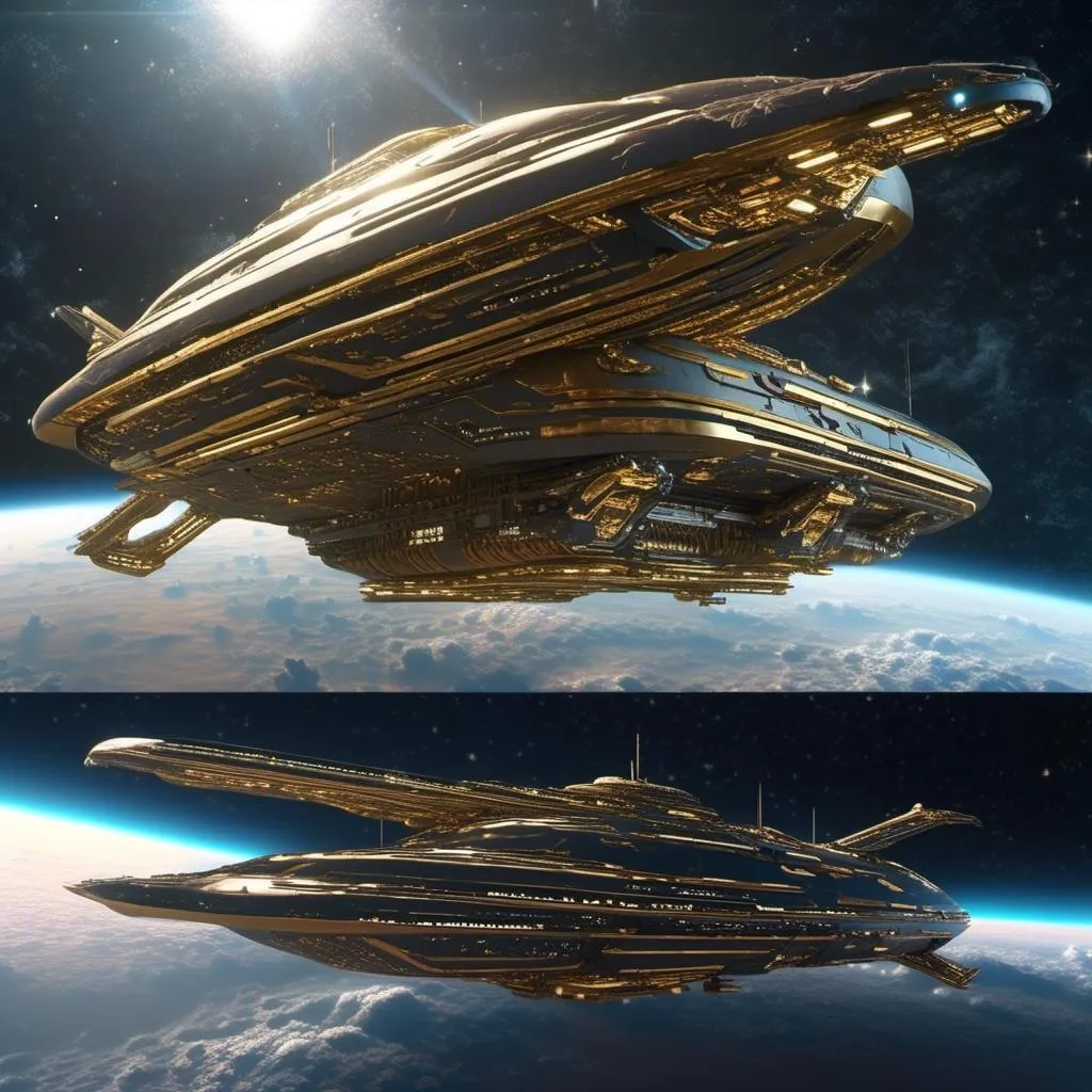 Prompt: <mymodel>(mymodel) futuristic space yacht, sleek design, adorned with gold accents, dynamic and elegant shape, (high-tech) atmosphere, (ultra-detailed) background of a starry galaxy, shimmering stars and nebulae, enhanced lighting effects, concept art vibe, luxurious and adventurous ambiance, (4K) cinematic quality, captivating vision of the future, golden highlights illuminating the scene.