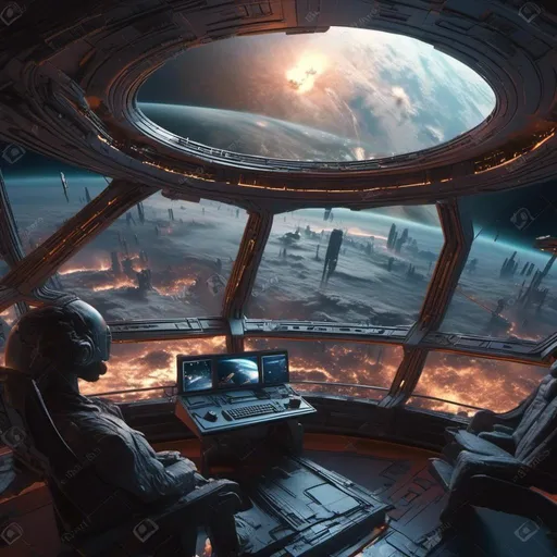 Prompt: (futuristic scene) a stunning spaceship interior, an image capturing <mymodel> gazing out the window, explosive battle erupting on the planet below, vibrant flames and debris scattered, cool metallic tones, dramatic lighting highlighting the intensity, breathtaking galaxy view, high quality detailing, cinematic atmosphere, tension-filled moment, immersive space backdrop with distant stars and nebulas.