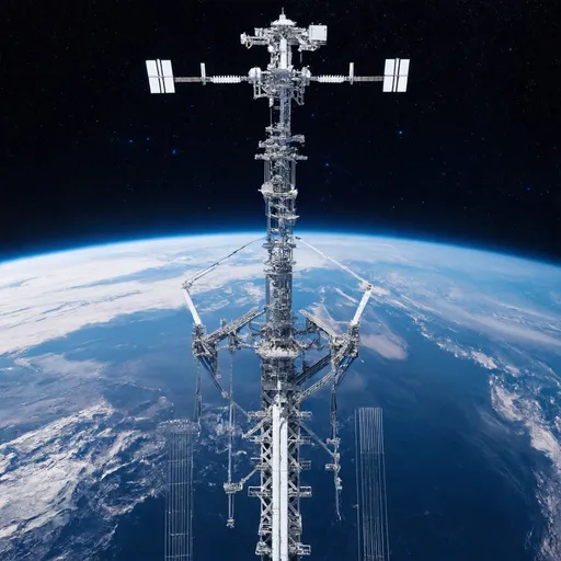 Prompt: (space elevator 2165), futuristic megastructure, intricate design, high-tech cables, orbital station above Earth, starry galaxy backdrop, vibrant colors, delicate sci-fi aesthetic, (ultra-detailed), awe-inspiring atmosphere, hints of advanced technology, space exploration theme, captivating glow against dark space, profound sense of scale and ambition, (4K resolution)