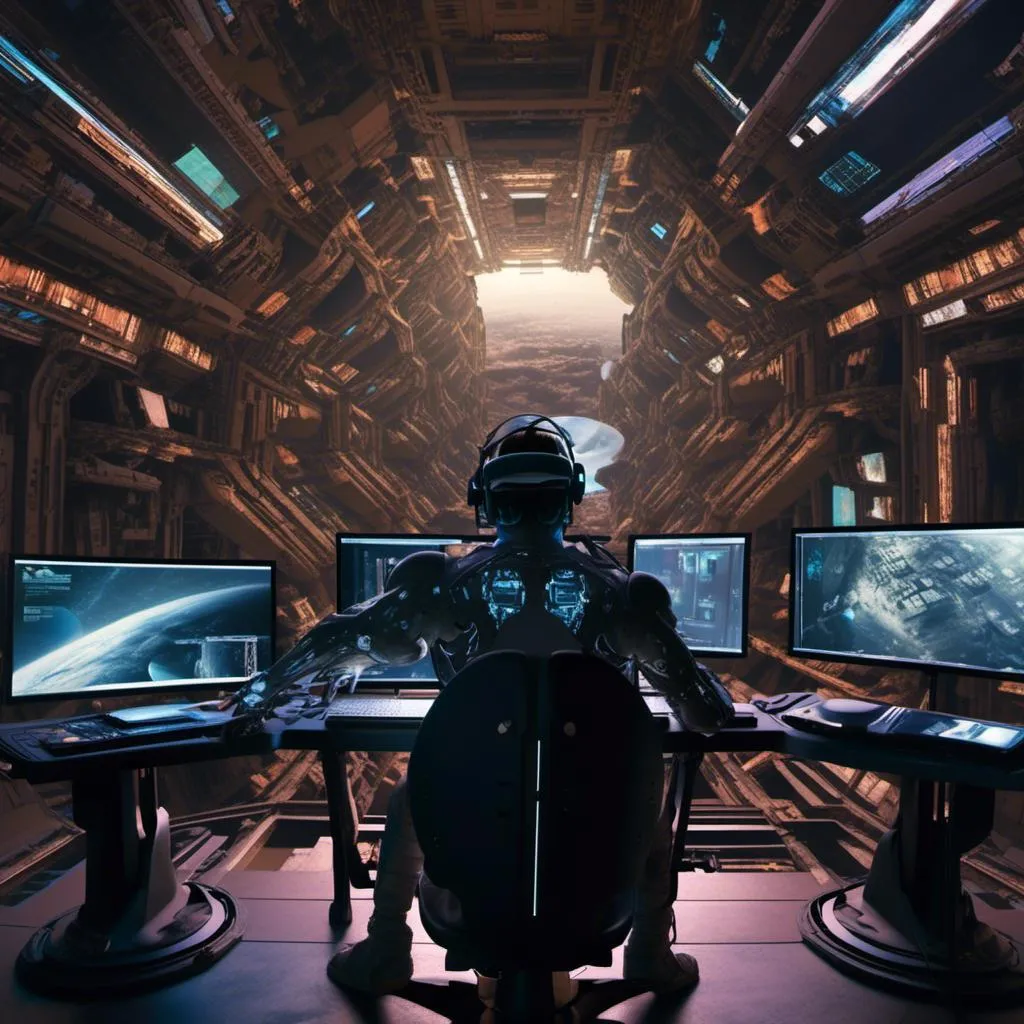 Prompt: <mymodel> cyborg with vr headset operating computer console with multiple screens