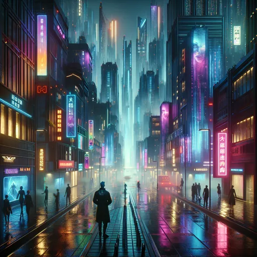 Prompt: Cyberpunk city 2067, (futuristic), dark color scheme, (neon lights) illuminating the skyline, sleek skyscrapers adorned with holographic displays, dystopian ambiance, rainy streets reflecting vibrant colors, characters in stylish high-tech outfits, ultra-detailed, moody atmosphere, dynamic lighting, rich textures, atmospheric perspective, (4K resolution), a blend of technology and urban decay.