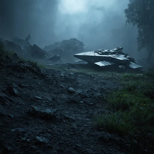 Prompt: <mymodel>futuristic spaceships crashed on alien world, (dark color scheme), (futuristic style), eerie landscapes, unsettling atmosphere, dense fog shrouding the ground, glowing alien flora, desolate terrain, crumbling structures from a bygone era, cinematic lighting with stark contrasts, high level of detail, 4K ultra-detailed quality.