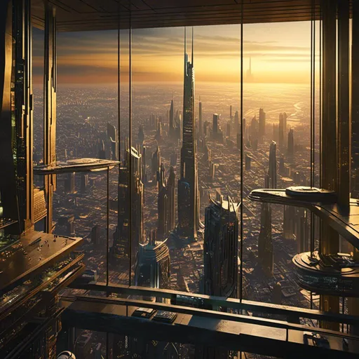 Prompt: (cinematic image) <mymodel>, gazing down over the vast planet from an opulent office window, breathtaking view, celestial ambiance, stunning, futuristic skyscraper backdrop, sprawling cosmic landscape, warm golden lighting, ultra-detailed atmosphere, high-definition quality, serene and contemplative mood, capturing the essence of solitude in the expansive universe.