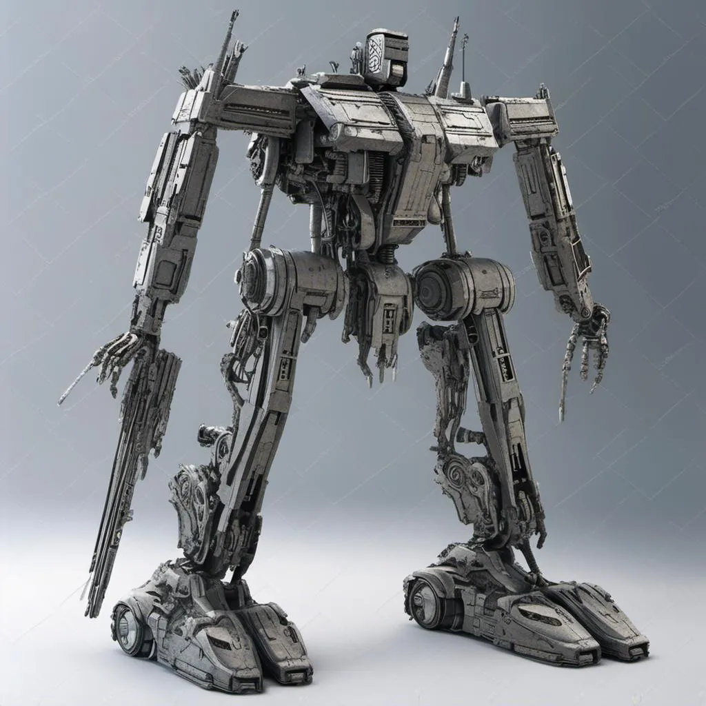 Prompt: <mymodel>photorealistic, (sleek design) robot with intricate details, (high-tech) weaponry included, muted color scheme emphasizing subtle greys and silvers, showcasing advanced features, dramatic shadows enhancing the robot's contours, gripping a futuristic weapon, set in a minimalist environment to accentuate the robot's craftsmanship, ultra-detailed, captivating yet understated ambiance.