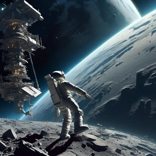 Prompt: <mymodel>(astronaut standing on the moon), dramatic scene, (asteroid impact), distant Earth visible, celestial backdrop filled with stars, vibrant contrast between the gray lunar surface and the deep blue of Earth, (highly detailed), atmospheric tension, cosmic wonder, sense of scale, ultra-detailed, (sci-fi), epic ambiance, cool tone lighting, captivating space theme