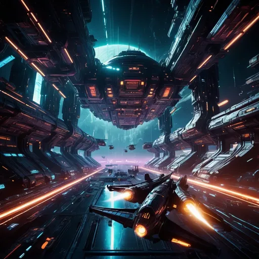 Prompt: (2D) cyberpunk game scene, dark color scheme, vibrant neon lights, dynamic space armada emerging from hyperspace, colossal space station in the foreground, sense of imminent action, intense atmosphere, detailed ship designs, high-tech weaponry, cinematic composition, futuristic elements, dramatic shadows, HD, ultra-detailed.