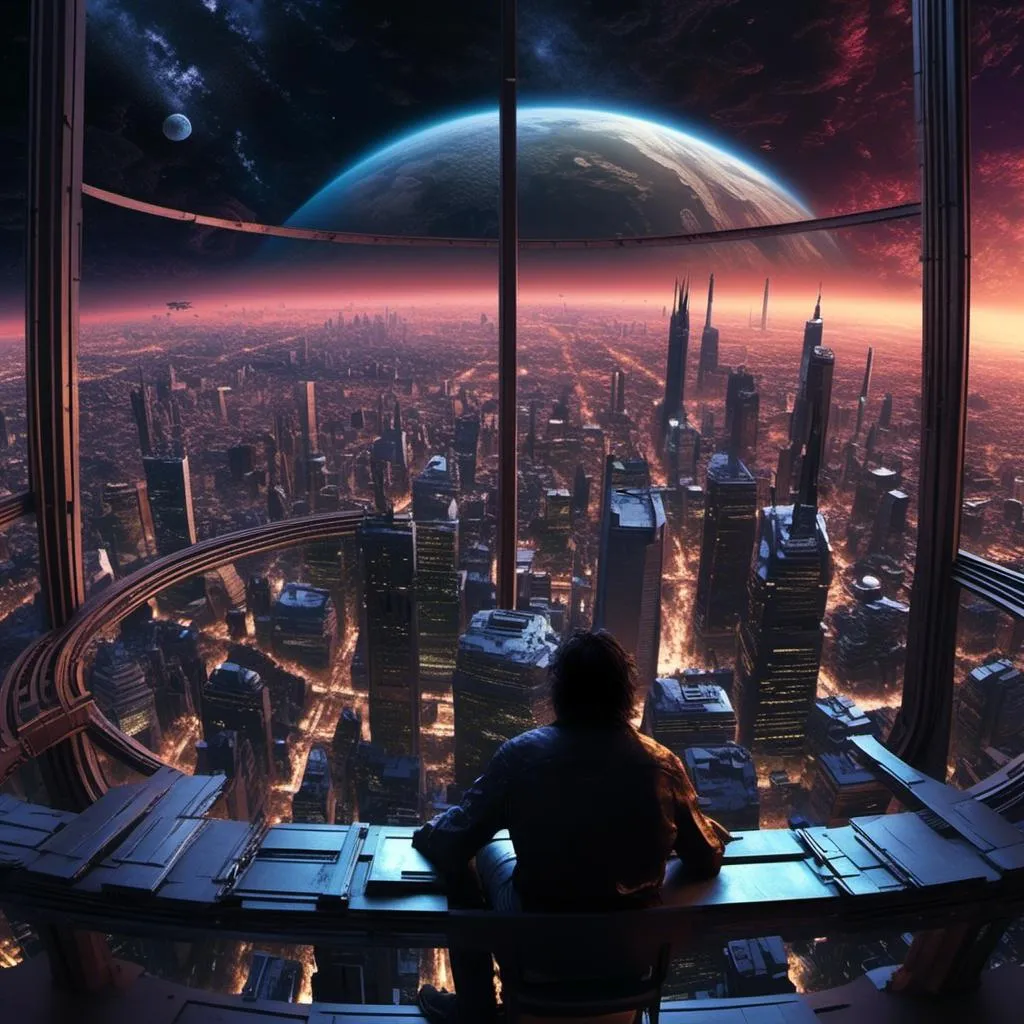 Prompt: (<mymodel>), gazing contemplatively down on a breathtaking view of Earth from an opulent, futuristic office window, accompanied by soft neon reflections, amidst a stunning cosmic backdrop, deep star fields, glowing planet formations, emphasizing vastness and solitude, (dramatic lighting), (ultra-detailed), captivating atmosphere, and the feeling of awe in the serene void of space.