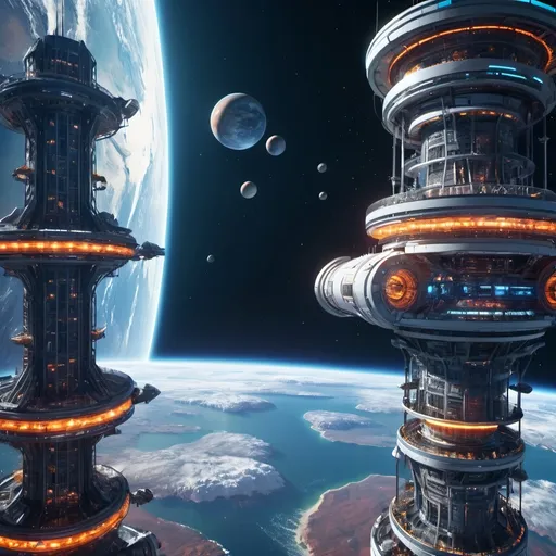 Prompt: Futuristic sci-fi scene, (view of Earth from orbit), O'Neill cylinders, massive and intricate, thousands of ships navigating towards space elevator station, (high technology), vibrant and glowing neon colors, complex details in structures and ships, (dramatic lighting), vast expanse of space, (highly detailed, ultra-detailed), ethereal atmosphere, (4K resolution), expansive starry background, showcasing future advancements in space exploration and colonization.