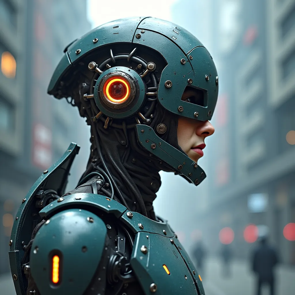 Prompt: futuristic-biomechanical male cyborg, (muted color scheme), intricate mechanical details, sleek metallic textures, seamless integration of biology and technology, ambient lighting, atmospheric background with hints of a dystopian landscape, high-quality ultra-detailed rendering, modern design, blending organic and mechanical elements, evocative mood, showcasing advanced technology and human-like features.