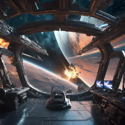 Prompt: (futuristic scene) a stunning spaceship interior, an image capturing <mymodel> gazing out the window, explosive battle erupting on the planet below, vibrant flames and debris scattered, cool metallic tones, dramatic lighting highlighting the intensity, breathtaking galaxy view, high quality detailing, cinematic atmosphere, tension-filled moment, immersive space backdrop with distant stars and nebulas.