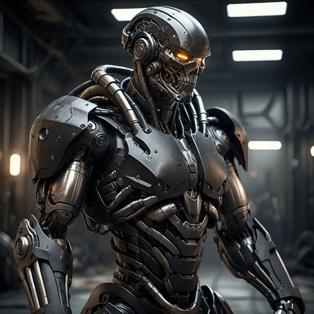 Prompt: (hyper-realistic) combat cyborg, (black armor), intricate details and textures, metallic surfaces, fine craftsmanship, rugged design, muted color scheme, atmospheric lighting, a dark and somber ambiance, a sleek and futuristic look, depth of field, ultra-detailed, showing combat-ready posture in an industrial backdrop.