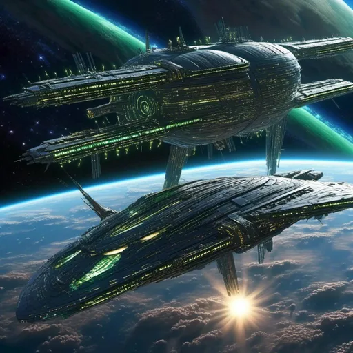 Prompt: (hyperspace capable spaceship), <mymodel>, orbiting around Earth, futuristic design, sleek metallic surfaces with intricate details, vibrant blue and green planet visible in the background, twinkling stars surrounding, luminous trails of energy emanating from the ship, (ultra-detailed), high-resolution, serene atmosphere, showcasing advanced technology and space exploration.