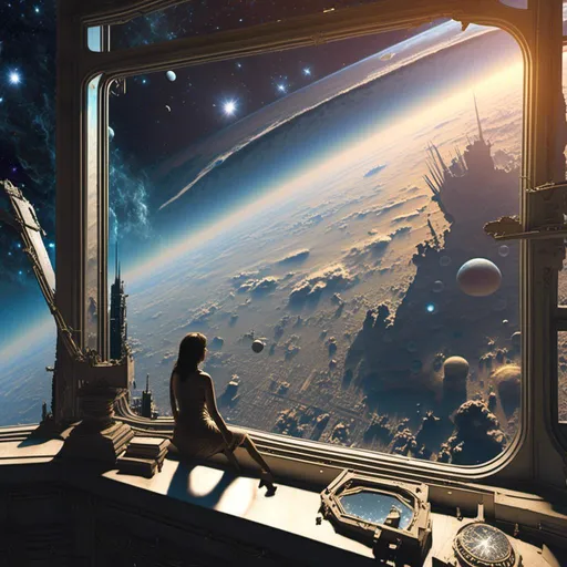 Prompt: (mymodel) gazing down at a distant, vibrant Earth from the highest office window in the (mymodel) gazing down at a distant, vibrant Earth from the highest office window in the <mymodel>solar system, expansive cosmos background filled with twinkling stars, illuminated planets, and ethereal nebulae, vastness and awe-inspiring perspective, ethereal lighting highlighting (high detail), cosmic atmosphere, sense of ambition and wonder, ultra-detailed, 4K quality.