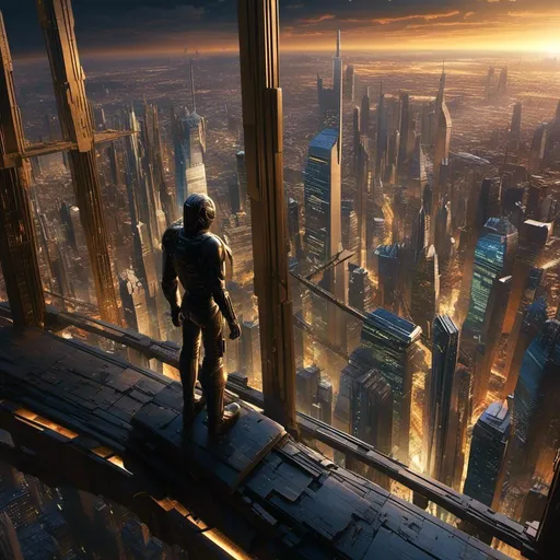 Prompt: (cinematic image) <mymodel>, gazing down over the vast planet from an opulent office window, breathtaking view, celestial ambiance, stunning, futuristic skyscraper backdrop, sprawling cosmic landscape, warm golden lighting, ultra-detailed atmosphere, high-definition quality, serene and contemplative mood, capturing the essence of solitude in the expansive universe.