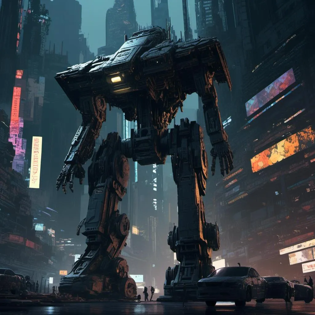 Prompt: <mymodel>(futuristic-sci-fi combat robot), (enhanced stealth mode), dark and moody color scheme, metallic textures, glowing accents, intricate detailing, shadowy background with industrial elements, dynamic pose suggesting movement, atmospheric lighting with dramatic contrasts, ultra-detailed, HD quality, evokes a sense of advanced technology and intrigue.