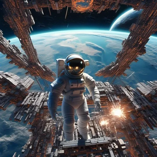 Prompt: <mymodel>(futuristic sci-fi scene), vibrant color scheme, (mymodel) astronaut in a sleek space suit, gazing at Earth, dynamic asteroid impact in the backdrop, spectacular cosmic explosion, illuminated moon surface, breathtaking starry sky, ultra-detailed, high quality, immersive atmosphere, dramatic lighting highlighting lunar landscape, evoking wonder and excitement.