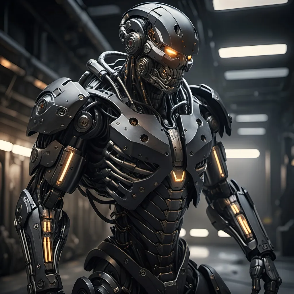 Prompt: (hyper-realistic) combat cyborg, (black armor), intricate details and textures, metallic surfaces, fine craftsmanship, rugged design, muted color scheme, atmospheric lighting, a dark and somber ambiance, a sleek and futuristic look, depth of field, ultra-detailed, showing combat-ready posture in an industrial backdrop.