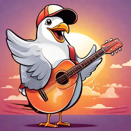 Prompt: Cartoon illustration of a cheerful seagull in a baseball hat, with a sunny backdrop, vibrant and lively colors, playful cartoon style, lightly smiling, musical atmosphere, cool design, detailed guitar, professional cartoon, vibrant lighting, high quality, sunny, cheerful, seagull musician, stylish seagull, vibrant colors, playful style, detailed, professional