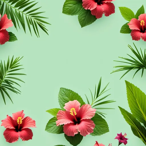 Prompt: background image with hibiscus, mint and lemongrass in small pictures