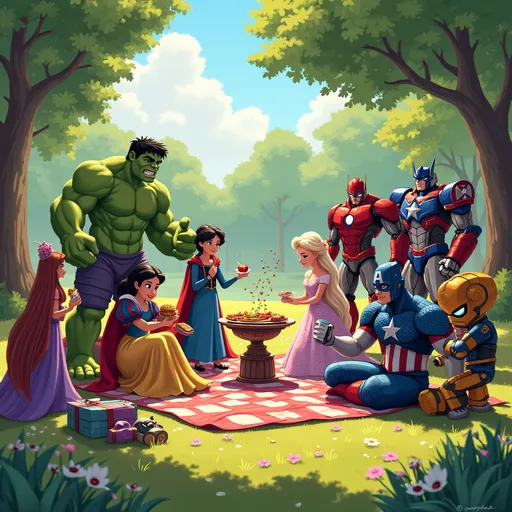 Prompt: "A vibrant, sunny park scene where Marvel superheroes, Disney princesses, and Transformers mingle happily. Snow White offers fruit to the hulk near a picnic blanket, while Thor laughs with Snow white. Elsa and Storm create swirling snowflakes and rainbows in the air. Optimus Prime and Bumblebee (in human-sized forms) grill burgers as Spider man  and Iron Man argue over music. Captain America chats with Mulan at a tea table, while Ultra man carefully holds a tiny cup next to Cinderella.  Rapunzel picks flowers . The art style should be dynamic, colorful, and semi-realistic, blending Disney charm, Marvel comic energy, and Transformers' sleek mechanical details. Warm lighting, lush greenery, and a sense of joyful chaos."