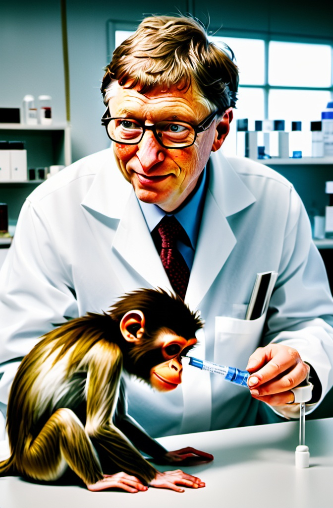 Prompt: Bill gates in laboratory having vaccine with monkey