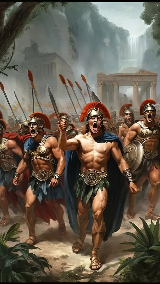 Prompt: Warriors from the jungle, greek mythology, scream, war, polis, Roman Empire