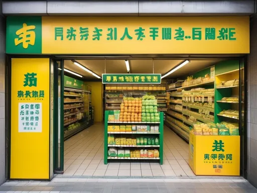 Prompt: a grocery store with a yellow and green sign and a yellow and green sign that says primary grocery store, Cao Buxing, private press, p, a stock photo