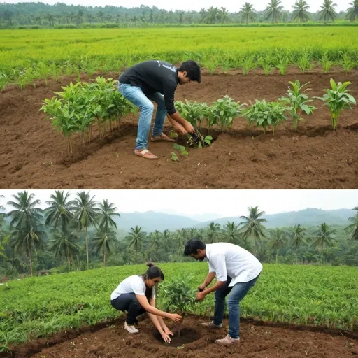 Prompt: I want two pictures on the same frame...in the first frame the person is planting for personal satisfaction... whereas in the other frame the person is planting trees for fame and recognition which can be depicted by cameras and paparazzi