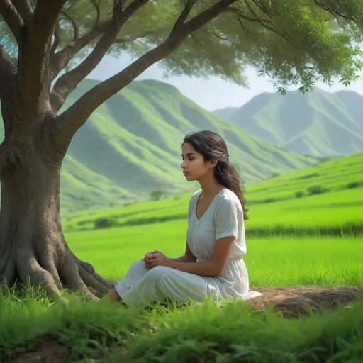 Prompt: (Girl sitting), (peaceful green landscape of Salalah), serene nature, quiet air, (psychological struggle), introspective expression, heartache, soft sunlight filtering through tree leaves, lush greenery, soothing atmosphere, gentle breeze, bittersweet tranquility, heightened emotional depth, ultra-detailed, 4K quality, artistic photo composition.