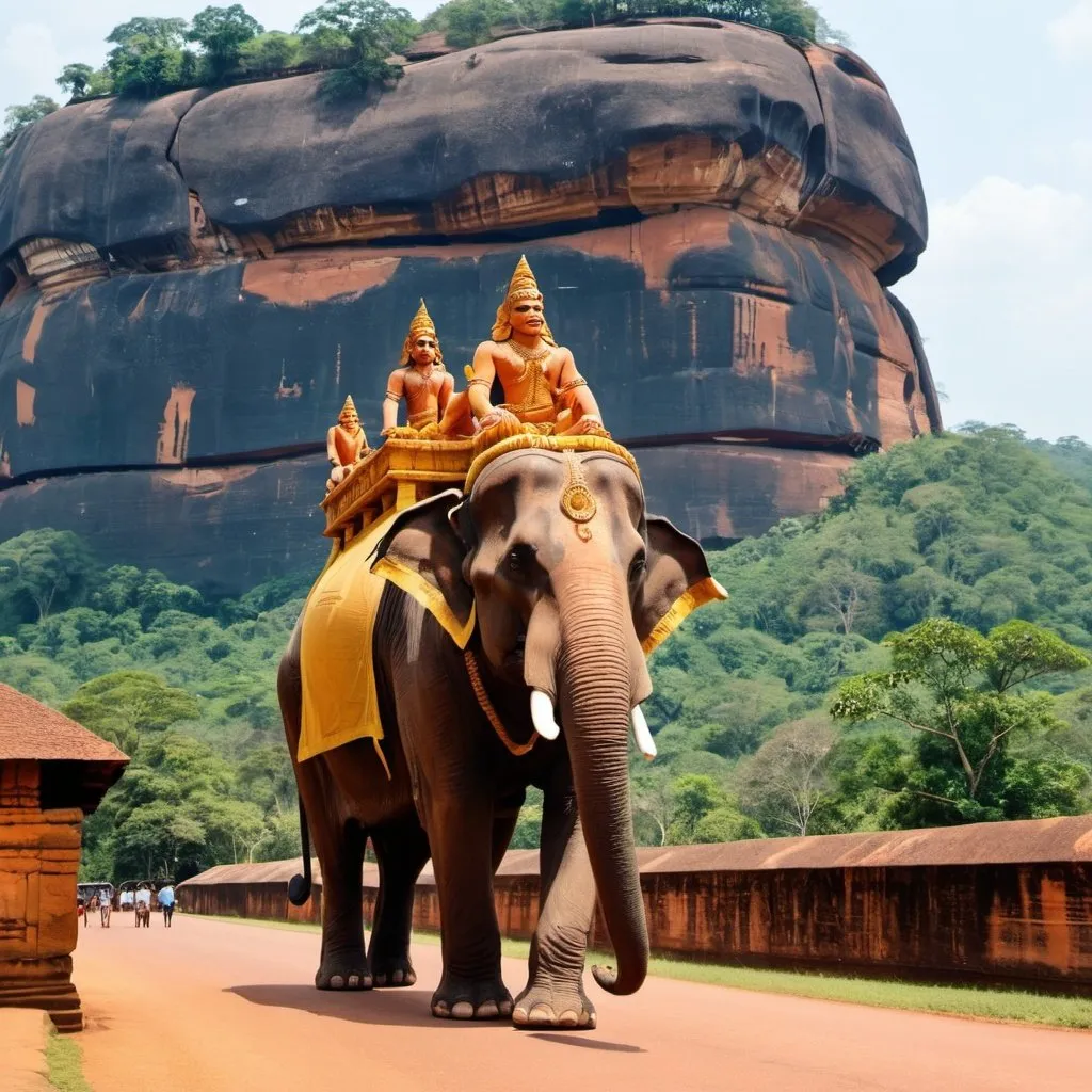 Prompt: ravana king on warrior elephant near sigiriya lions rock palace. make how palace was looks like kings palace on sigiriya rock 