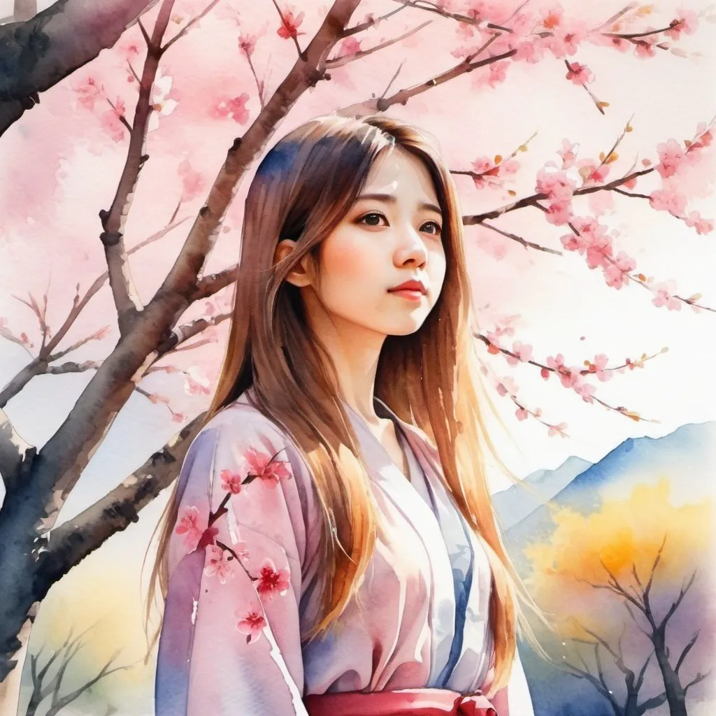 Prompt: A girl with long hair standing under sakura trees with bright sun watercolor effect